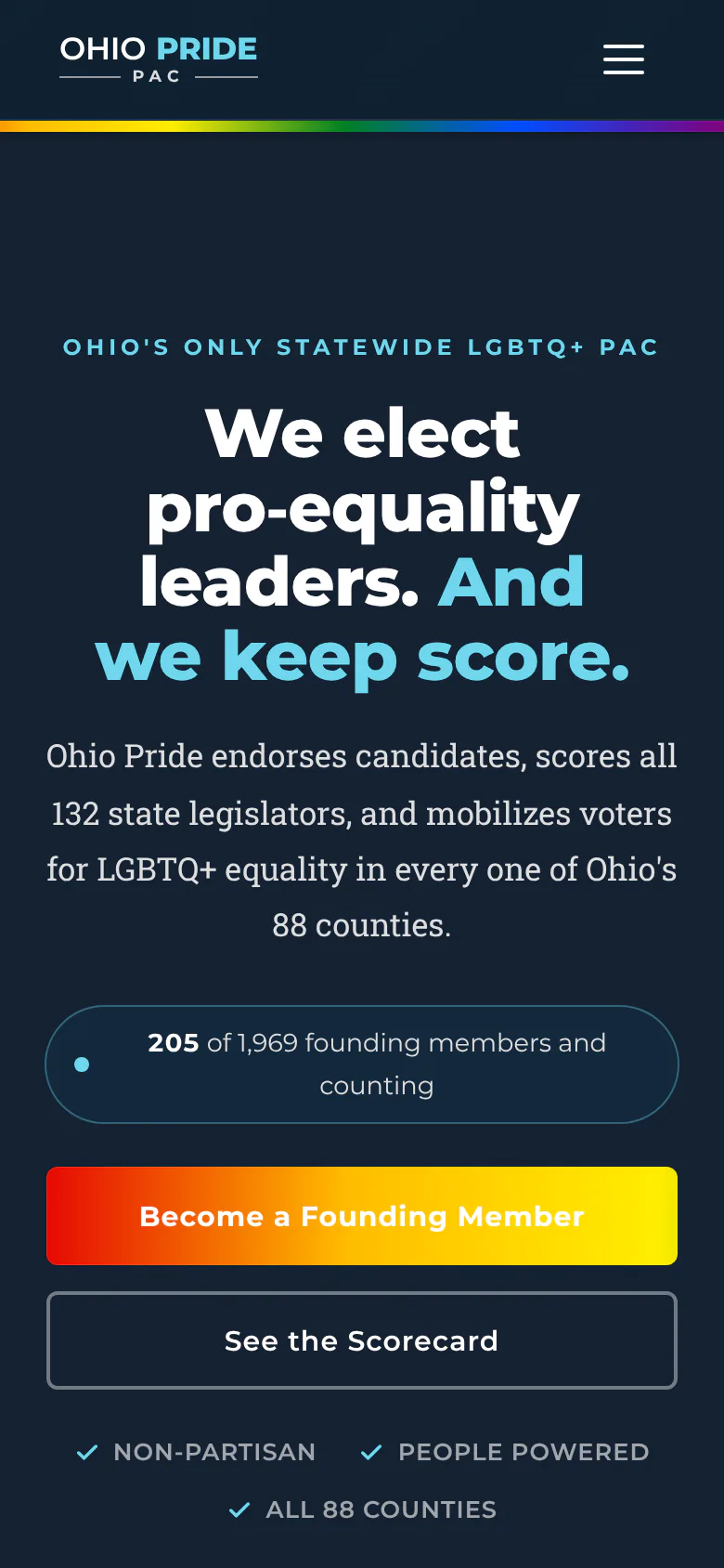 The same home page on a phone: the logo and a menu button above the rainbow stripe, the centered headline and summary, the founding member counter, and full width buttons to become a founding member and see the scorecard.